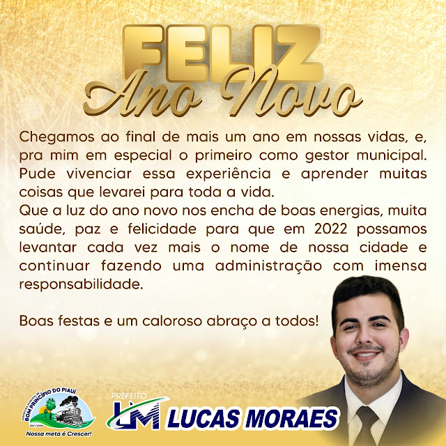 Feliz Ano Novo: Mensagem do prefeito Lucas Moraes á todos os bomprincipienses